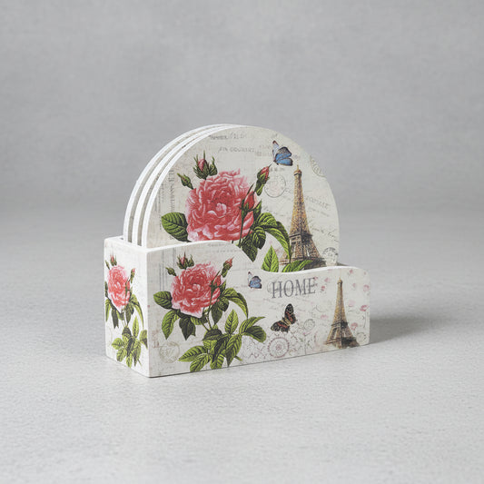 Decorative card with floral and Eiffel Tower design on a white surface