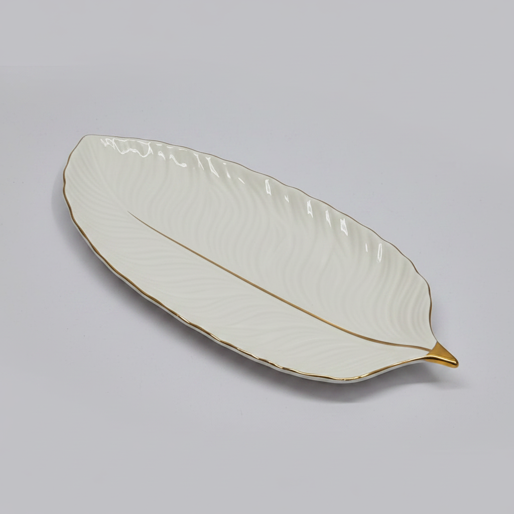 Pearl Leaf Ceramic Tray with Gold Trim
